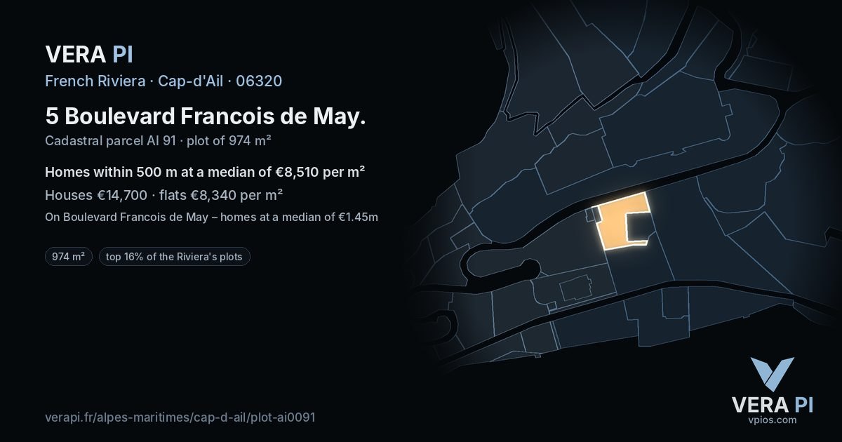 5 Boulevard Francois de May, Cap-d'Ail at night – the plot lit, the parcels around coloured by the prices near them