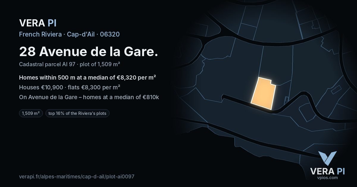 28 Avenue de la Gare, Cap-d'Ail at night – the plot lit, the parcels around coloured by the prices near them