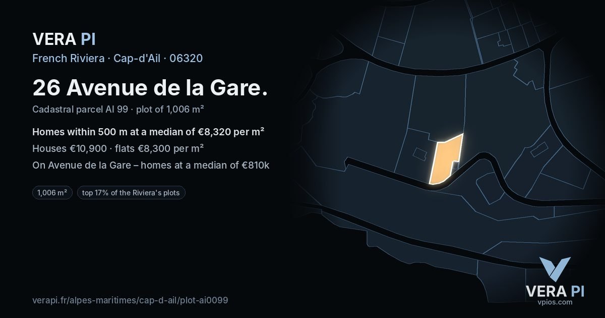 26 Avenue de la Gare, Cap-d'Ail at night – the plot lit, the parcels around coloured by the prices near them