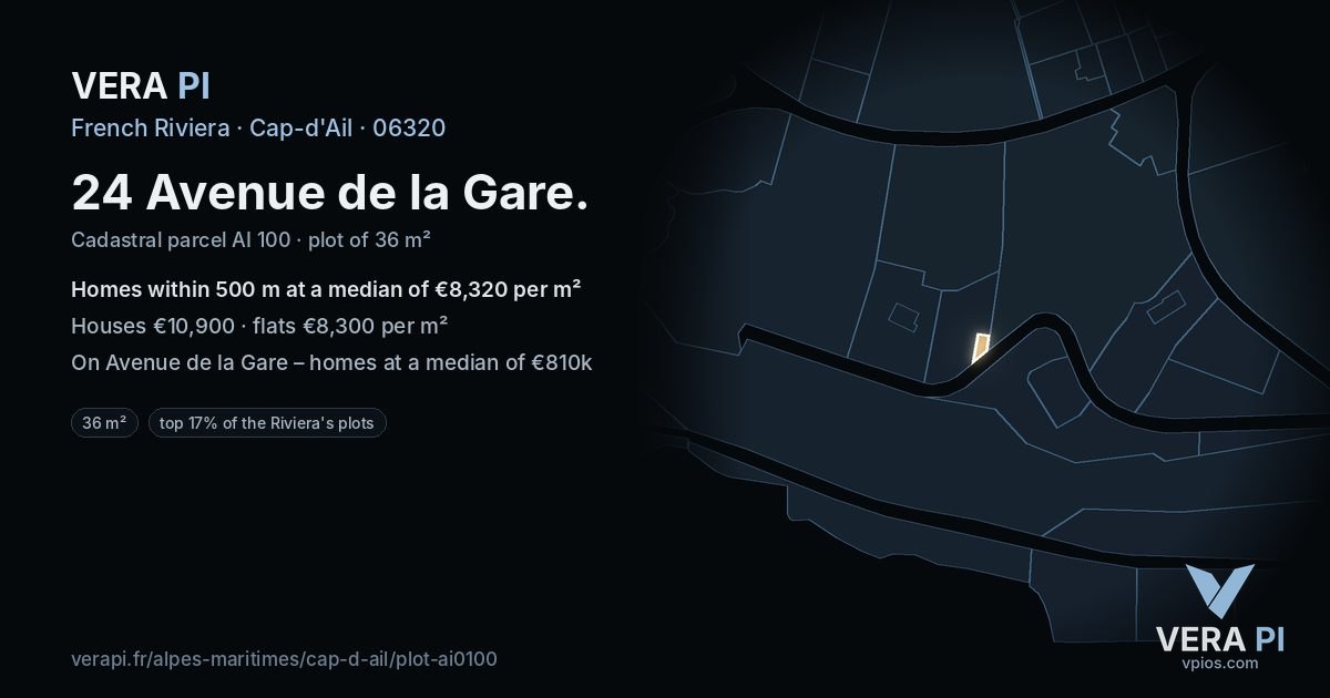 24 Avenue de la Gare, Cap-d'Ail at night – the plot lit, the parcels around coloured by the prices near them