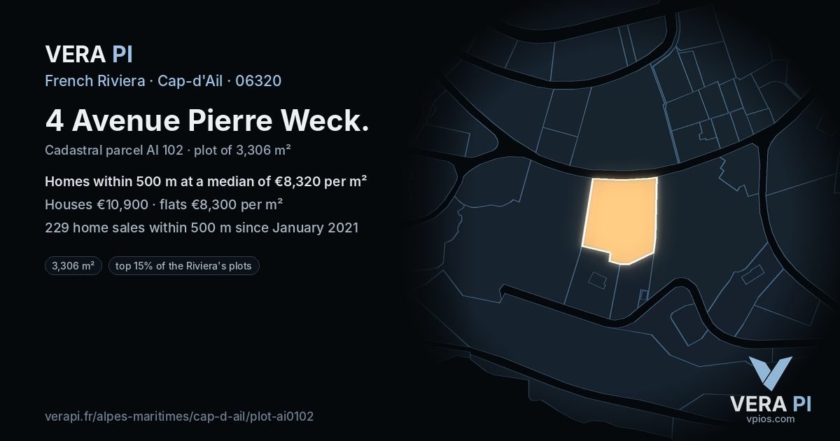 4 Avenue Pierre Weck, Cap-d'Ail at night – the plot lit, the parcels around coloured by the prices near them