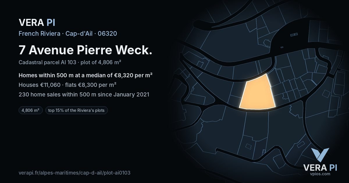 7 Avenue Pierre Weck, Cap-d'Ail at night – the plot lit, the parcels around coloured by the prices near them