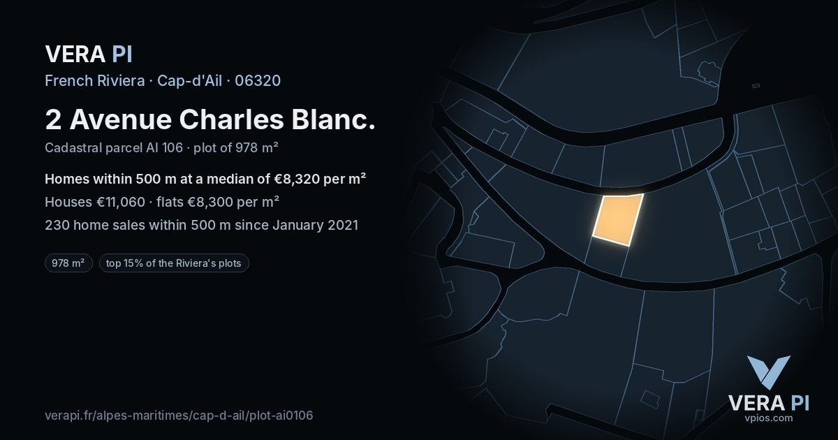 2 Avenue Charles Blanc, Cap-d'Ail at night – the plot lit, the parcels around coloured by the prices near them