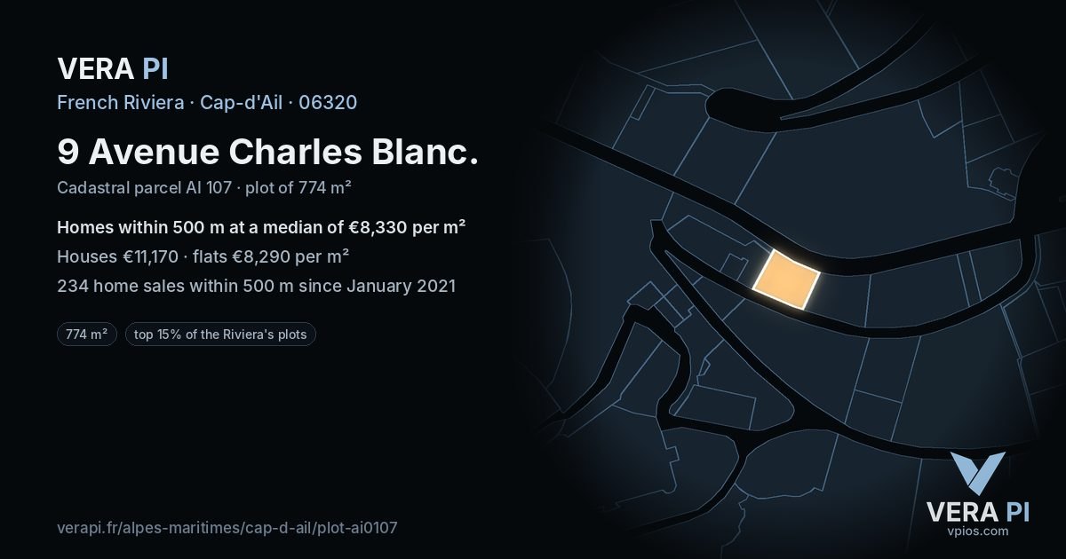 9 Avenue Charles Blanc, Cap-d'Ail at night – the plot lit, the parcels around coloured by the prices near them