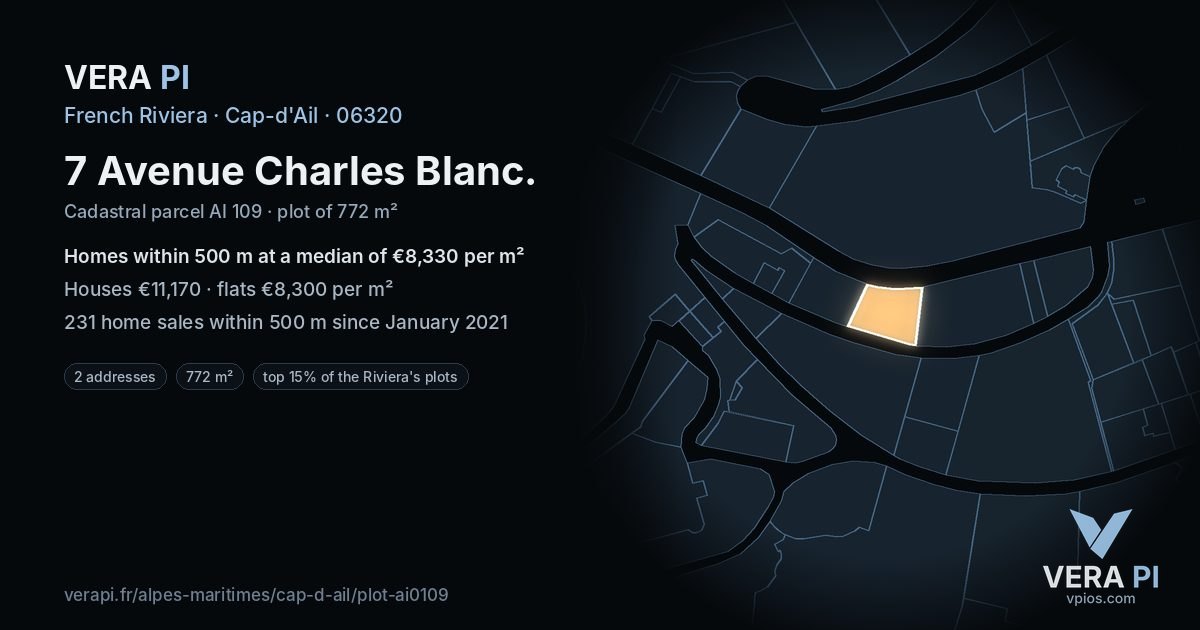 7 Avenue Charles Blanc, Cap-d'Ail at night – the plot lit, the parcels around coloured by the prices near them