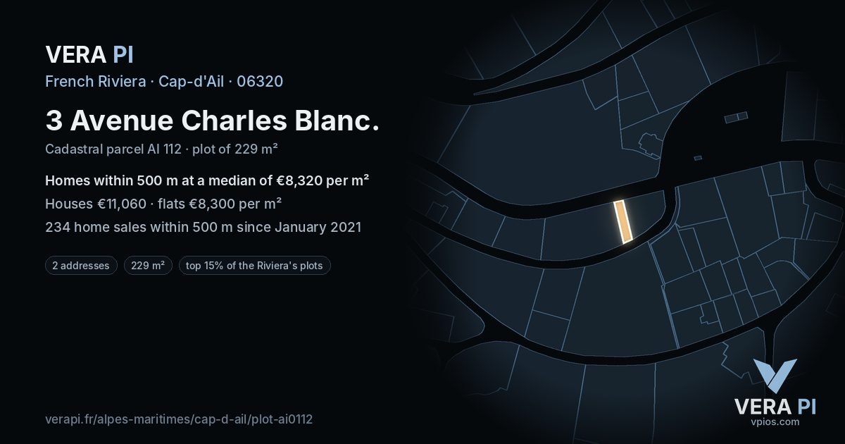3 Avenue Charles Blanc, Cap-d'Ail at night – the plot lit, the parcels around coloured by the prices near them
