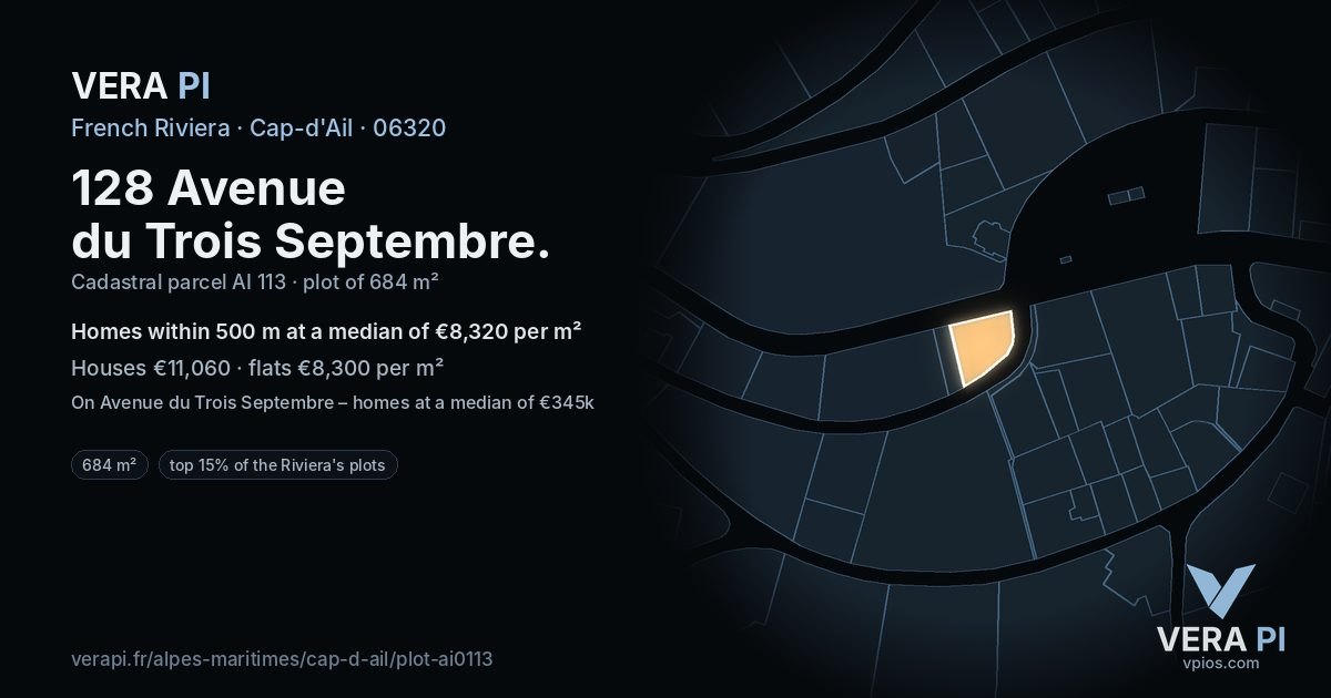 128 Avenue du Trois Septembre, Cap-d'Ail at night – the plot lit, the parcels around coloured by the prices near them