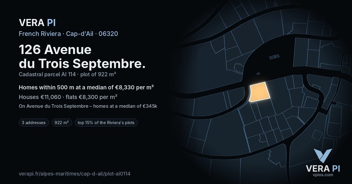 126 Avenue du Trois Septembre, Cap-d'Ail at night – the plot lit, the parcels around coloured by the prices near them