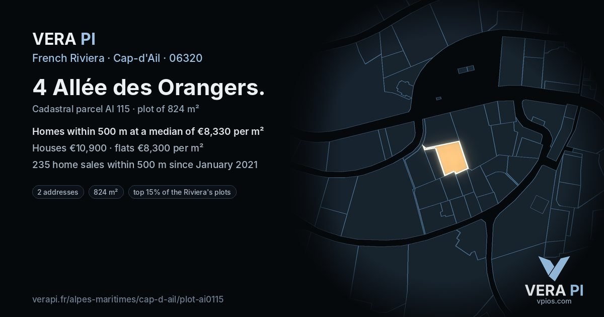 4 Allée des Orangers, Cap-d'Ail at night – the plot lit, the parcels around coloured by the prices near them