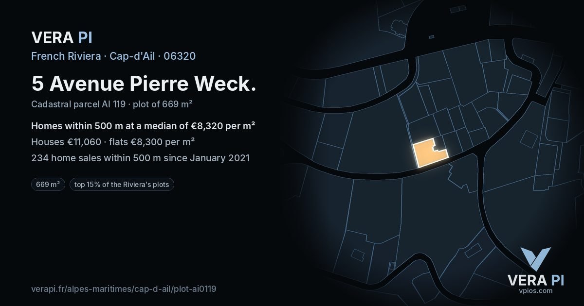 5 Avenue Pierre Weck, Cap-d'Ail at night – the plot lit, the parcels around coloured by the prices near them