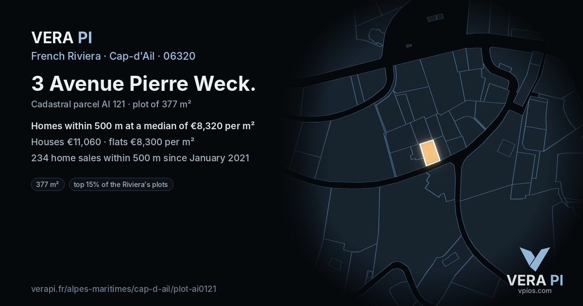 3 Avenue Pierre Weck, Cap-d'Ail at night – the plot lit, the parcels around coloured by the prices near them