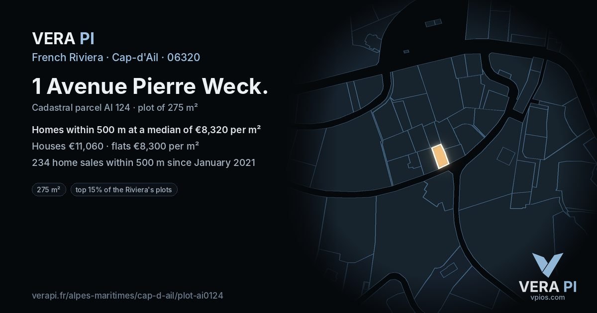 1 Avenue Pierre Weck, Cap-d'Ail at night – the plot lit, the parcels around coloured by the prices near them