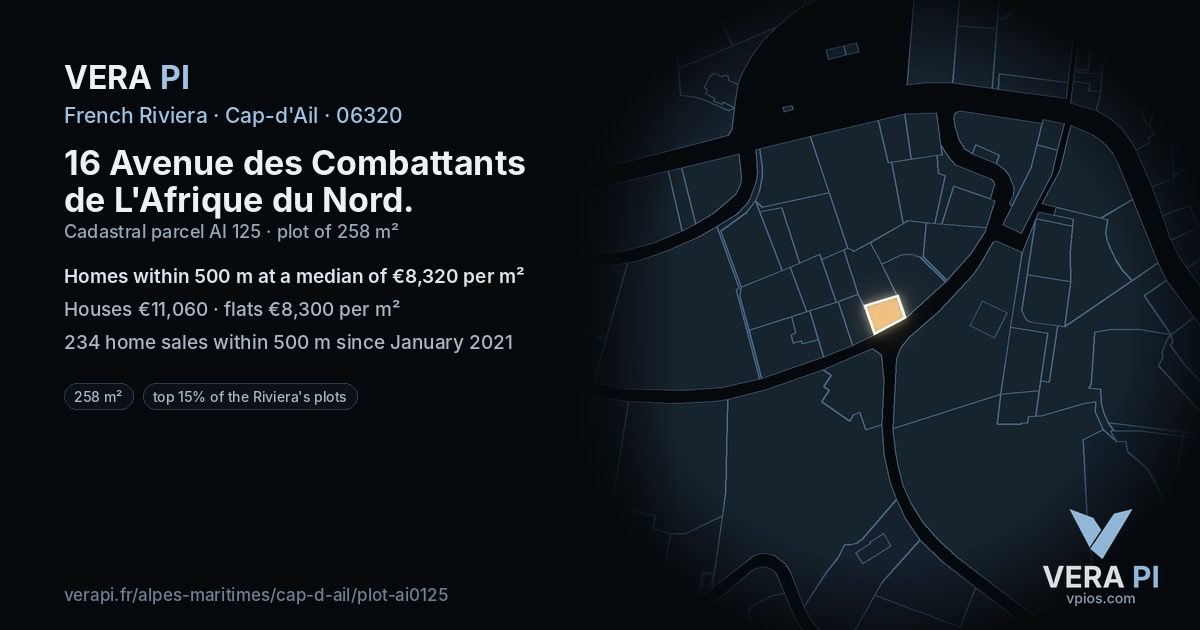 16 Avenue des Combattants de L'Afrique du Nord, Cap-d'Ail at night – the plot lit, the parcels around coloured by the prices near them