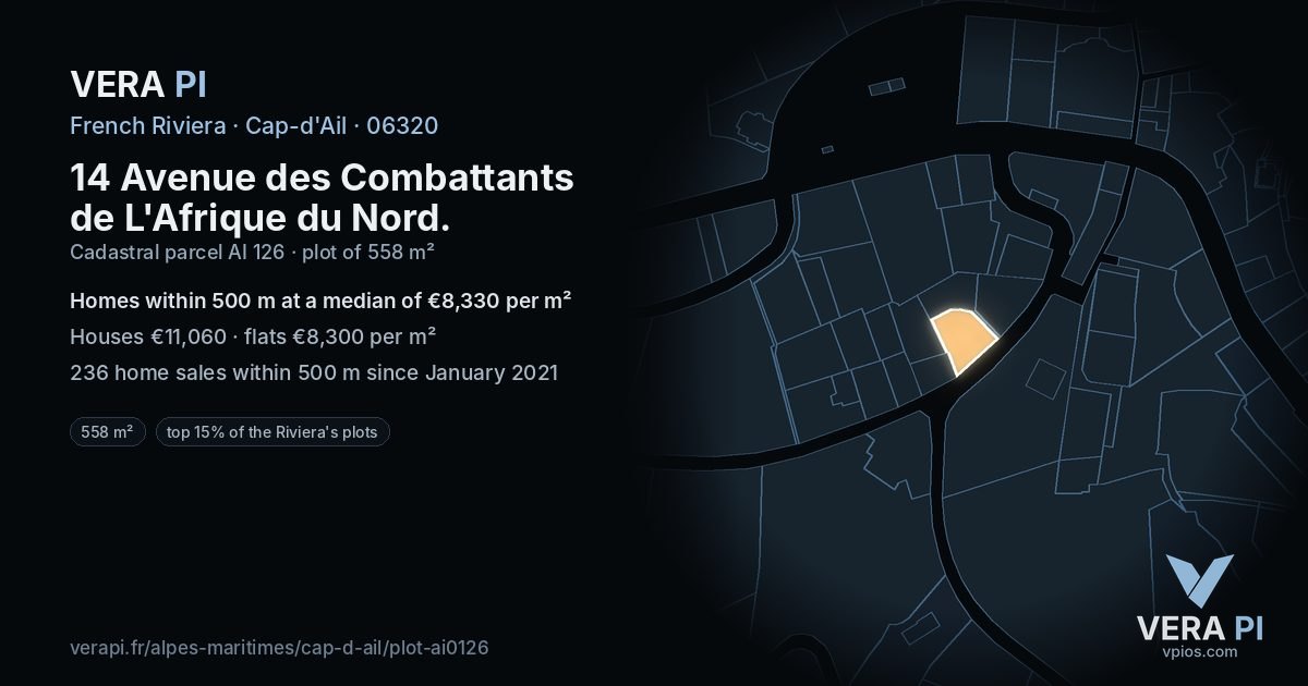 14 Avenue des Combattants de L'Afrique du Nord, Cap-d'Ail at night – the plot lit, the parcels around coloured by the prices near them