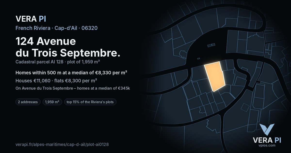 124 Avenue du Trois Septembre, Cap-d'Ail at night – the plot lit, the parcels around coloured by the prices near them