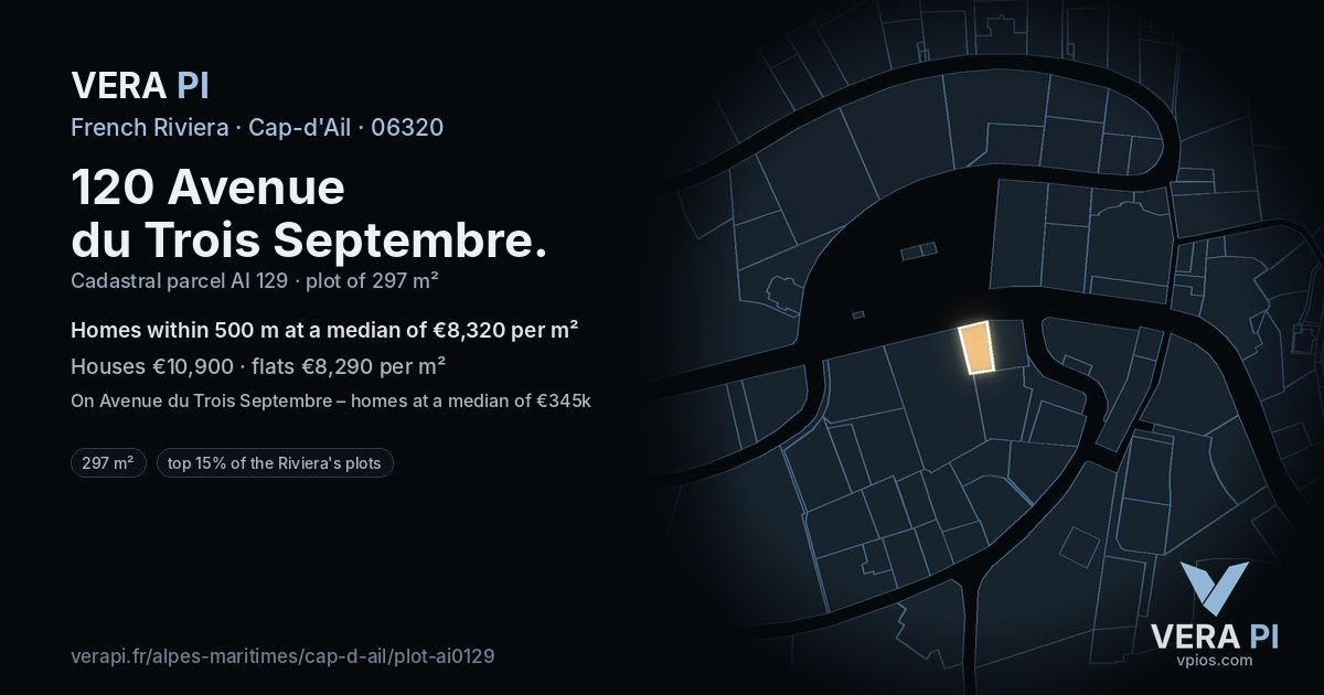 120 Avenue du Trois Septembre, Cap-d'Ail at night – the plot lit, the parcels around coloured by the prices near them