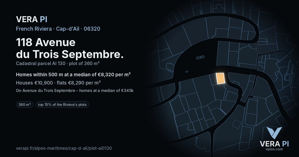 118 Avenue du Trois Septembre, Cap-d'Ail at night – the plot lit, the parcels around coloured by the prices near them