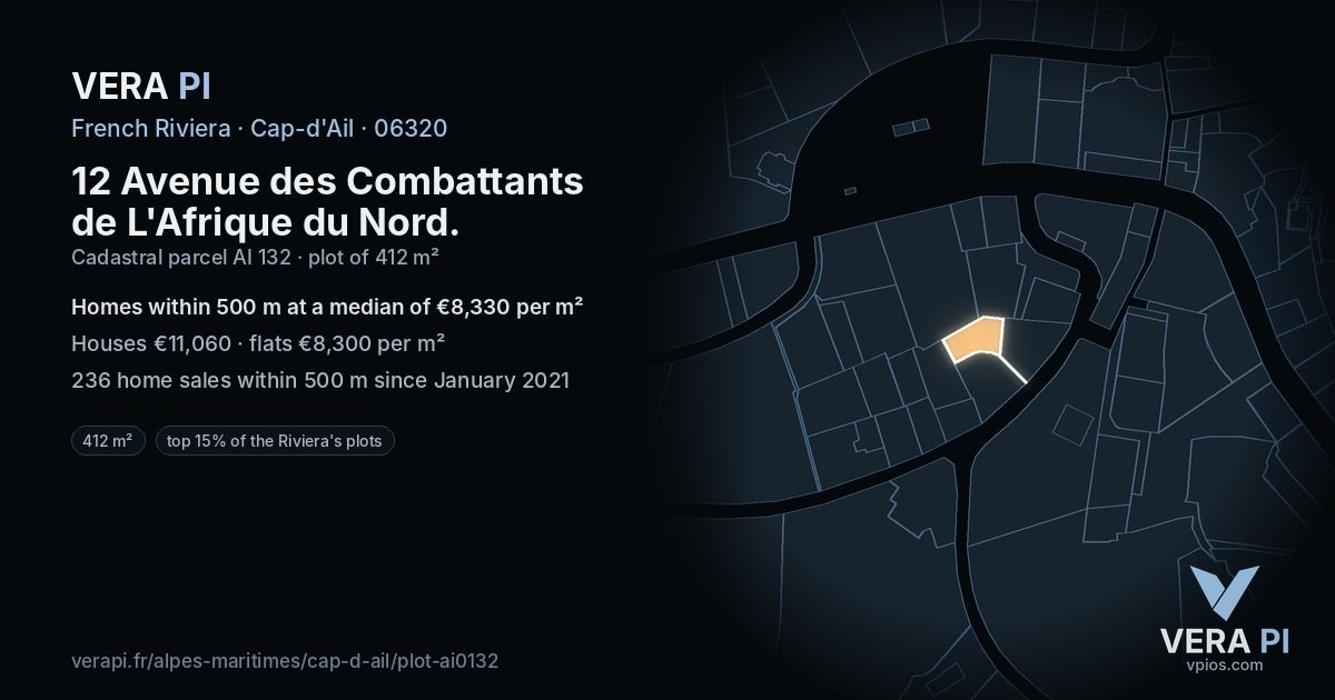 12 Avenue des Combattants de L'Afrique du Nord, Cap-d'Ail at night – the plot lit, the parcels around coloured by the prices near them