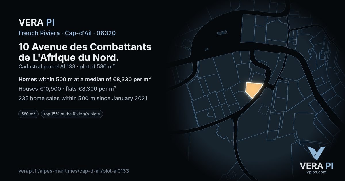 10 Avenue des Combattants de L'Afrique du Nord, Cap-d'Ail at night – the plot lit, the parcels around coloured by the prices near them
