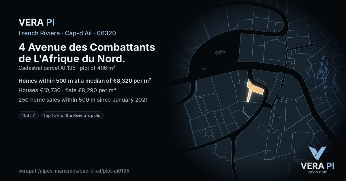 4 Avenue des Combattants de L'Afrique du Nord, Cap-d'Ail at night – the plot lit, the parcels around coloured by the prices near them