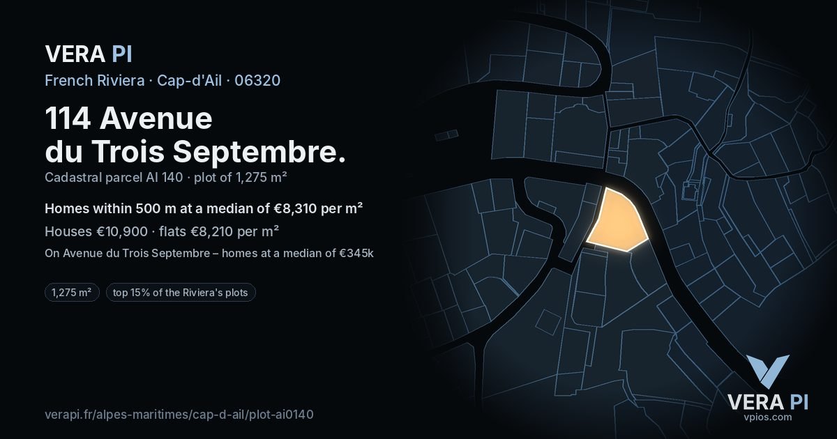 114 Avenue du Trois Septembre, Cap-d'Ail at night – the plot lit, the parcels around coloured by the prices near them