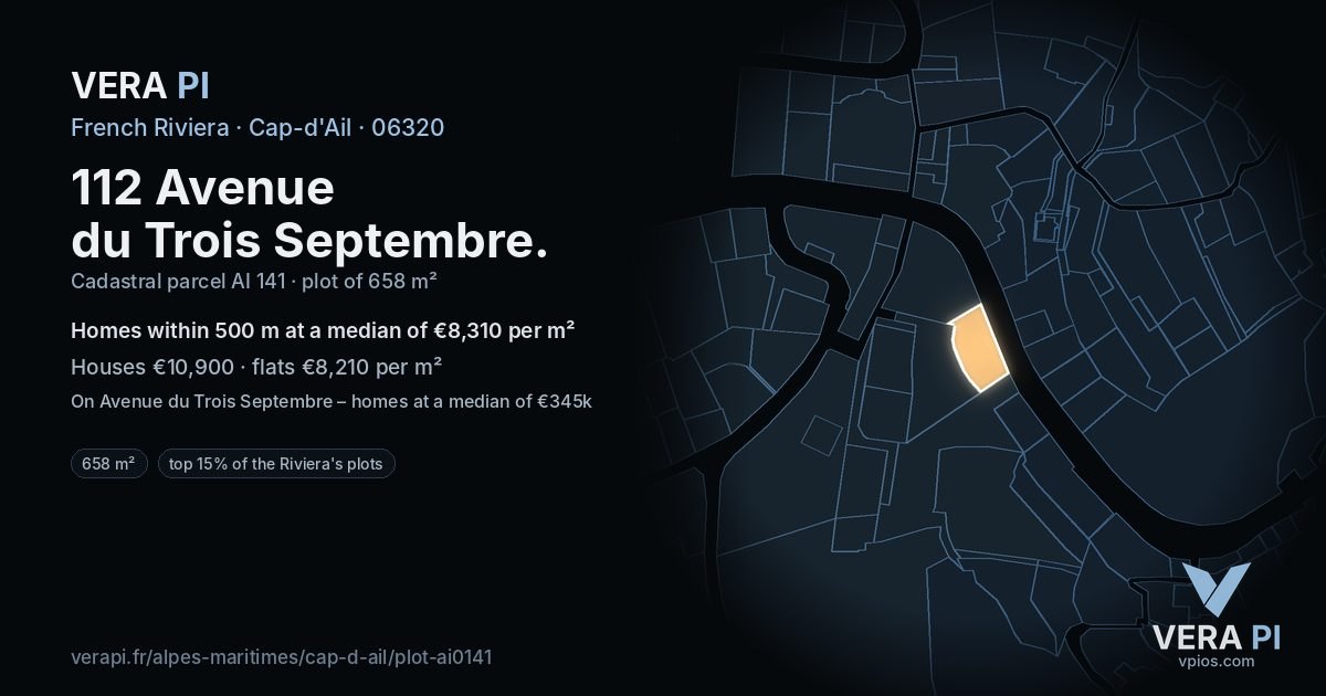 112 Avenue du Trois Septembre, Cap-d'Ail at night – the plot lit, the parcels around coloured by the prices near them