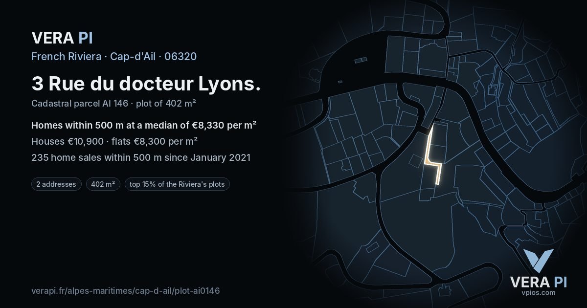 3 Rue du docteur Lyons, Cap-d'Ail at night – the plot lit, the parcels around coloured by the prices near them