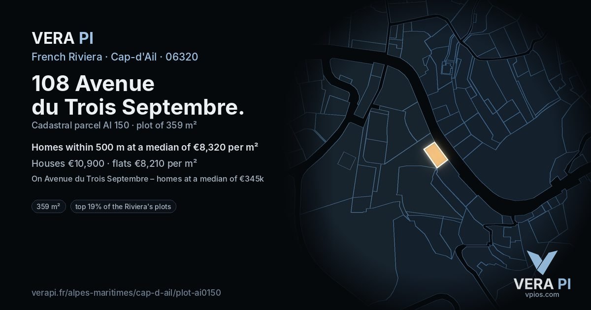 108 Avenue du Trois Septembre, Cap-d'Ail at night – the plot lit, the parcels around coloured by the prices near them