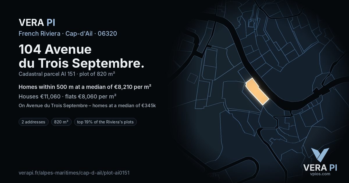 104 Avenue du Trois Septembre, Cap-d'Ail at night – the plot lit, the parcels around coloured by the prices near them