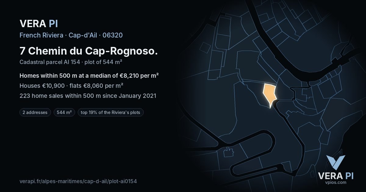 7 Chemin du Cap-Rognoso, Cap-d'Ail at night – the plot lit, the parcels around coloured by the prices near them
