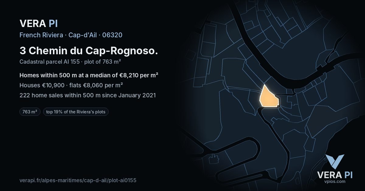 3 Chemin du Cap-Rognoso, Cap-d'Ail at night – the plot lit, the parcels around coloured by the prices near them