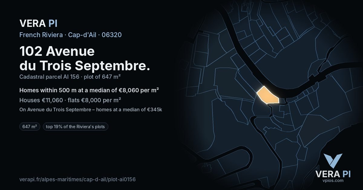 102 Avenue du Trois Septembre, Cap-d'Ail at night – the plot lit, the parcels around coloured by the prices near them