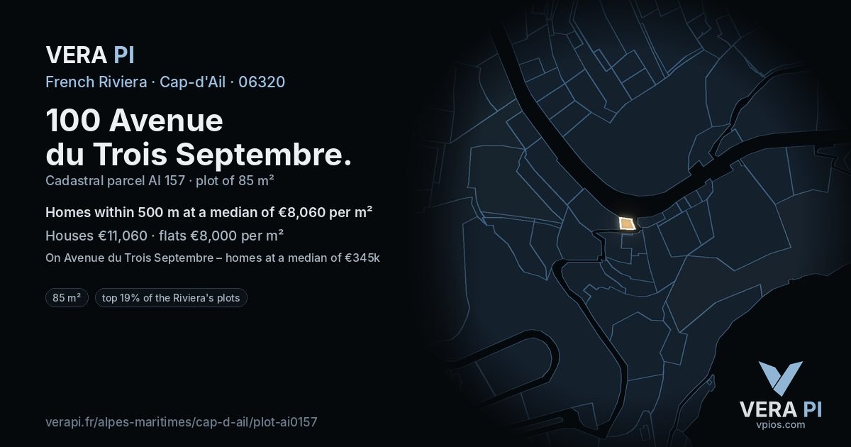 100 Avenue du Trois Septembre, Cap-d'Ail at night – the plot lit, the parcels around coloured by the prices near them