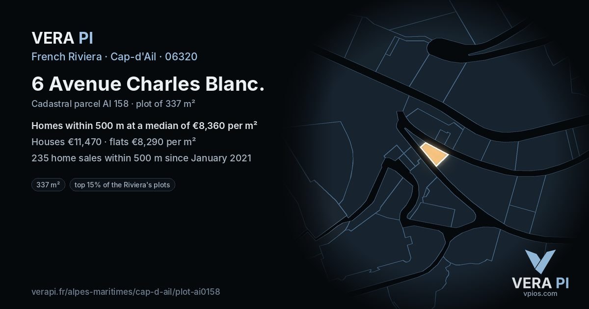 6 Avenue Charles Blanc, Cap-d'Ail at night – the plot lit, the parcels around coloured by the prices near them