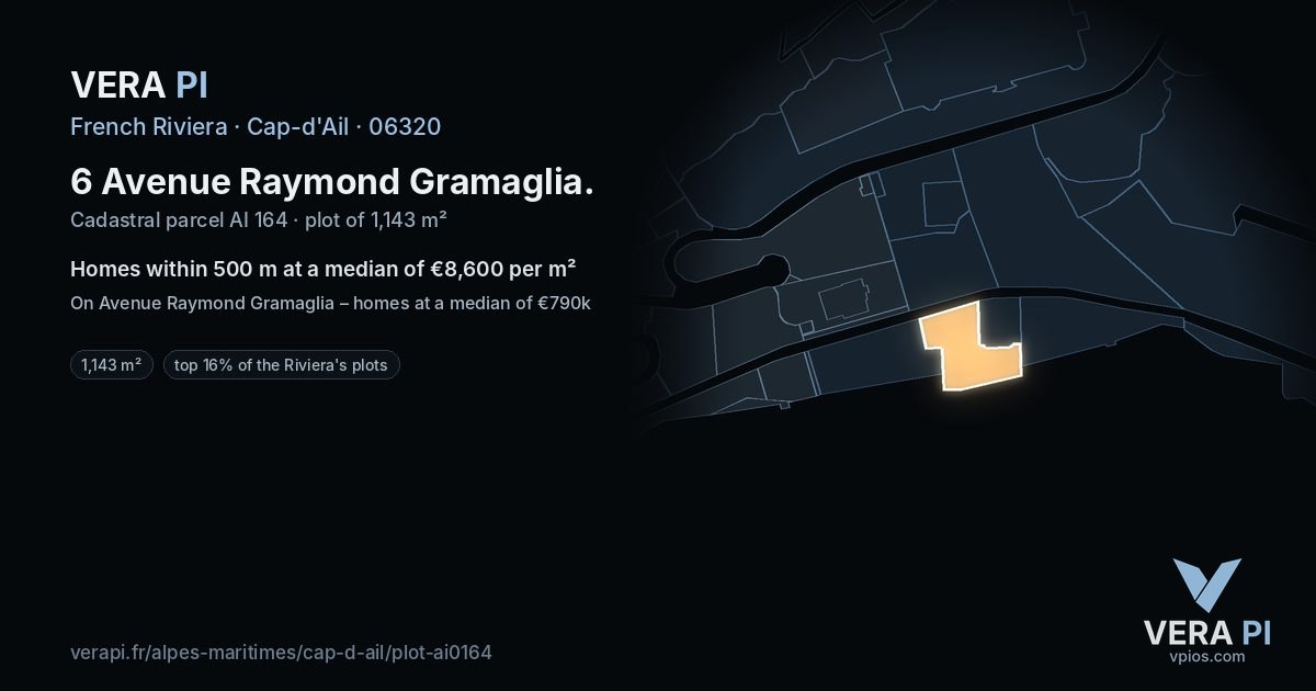 6 Avenue Raymond Gramaglia, Cap-d'Ail at night – the plot lit, the parcels around coloured by the prices near them
