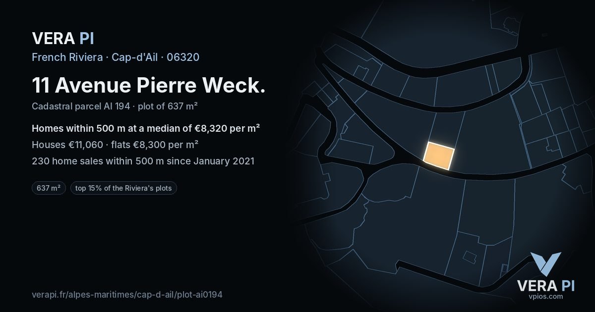 11 Avenue Pierre Weck, Cap-d'Ail at night – the plot lit, the parcels around coloured by the prices near them