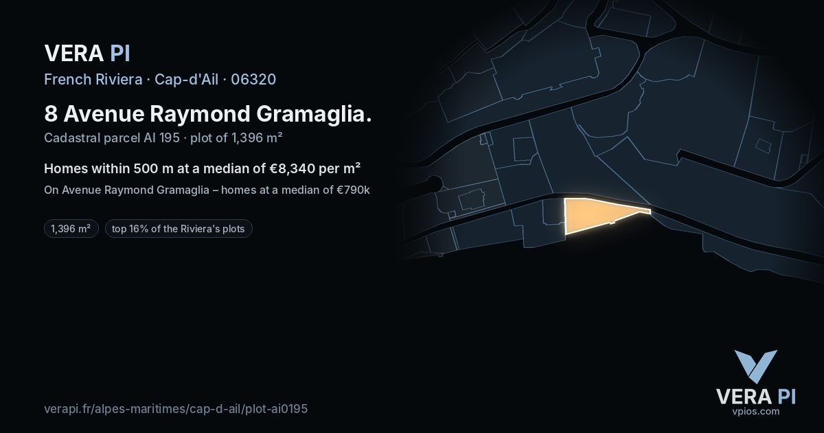 8 Avenue Raymond Gramaglia, Cap-d'Ail at night – the plot lit, the parcels around coloured by the prices near them