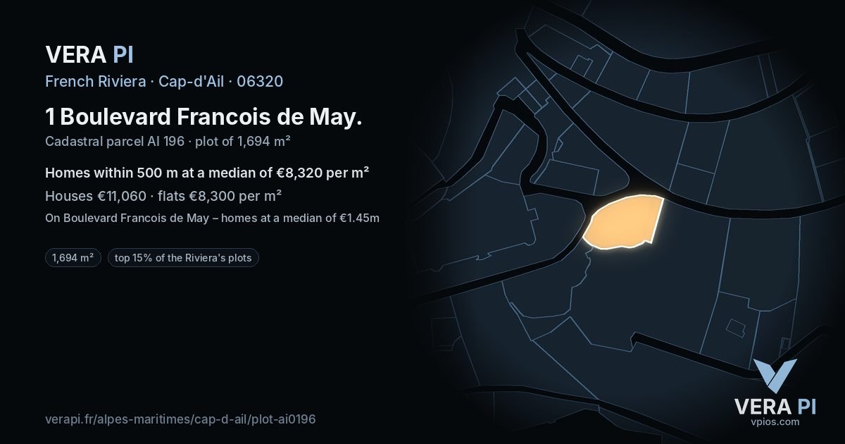1 Boulevard Francois de May, Cap-d'Ail at night – the plot lit, the parcels around coloured by the prices near them