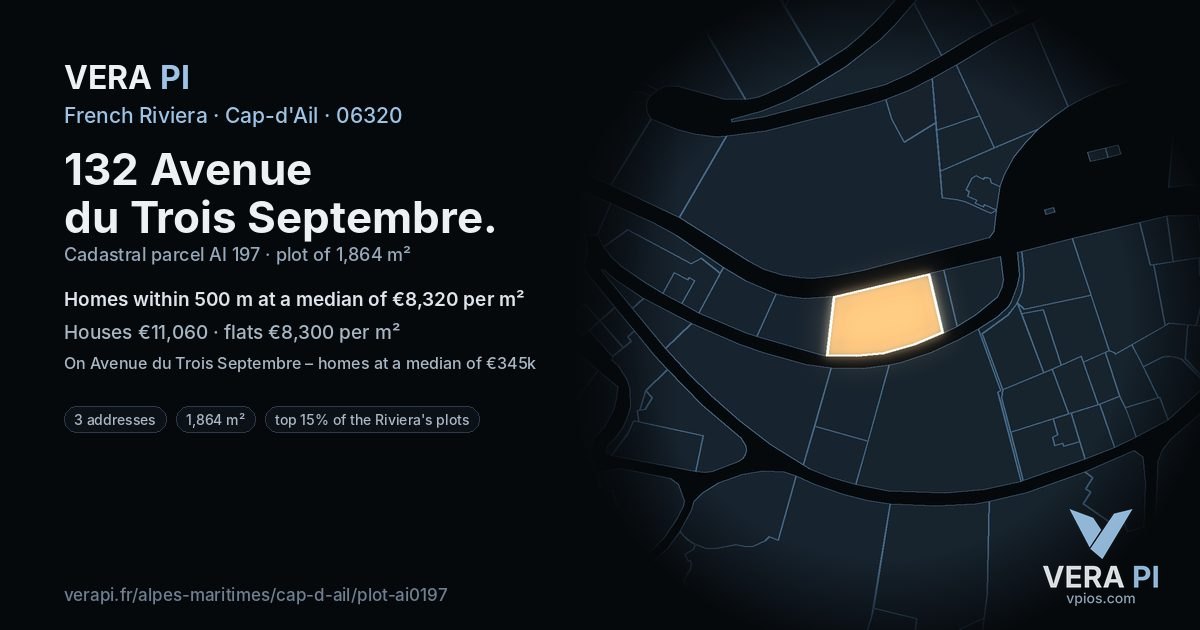 132 Avenue du Trois Septembre, Cap-d'Ail at night – the plot lit, the parcels around coloured by the prices near them