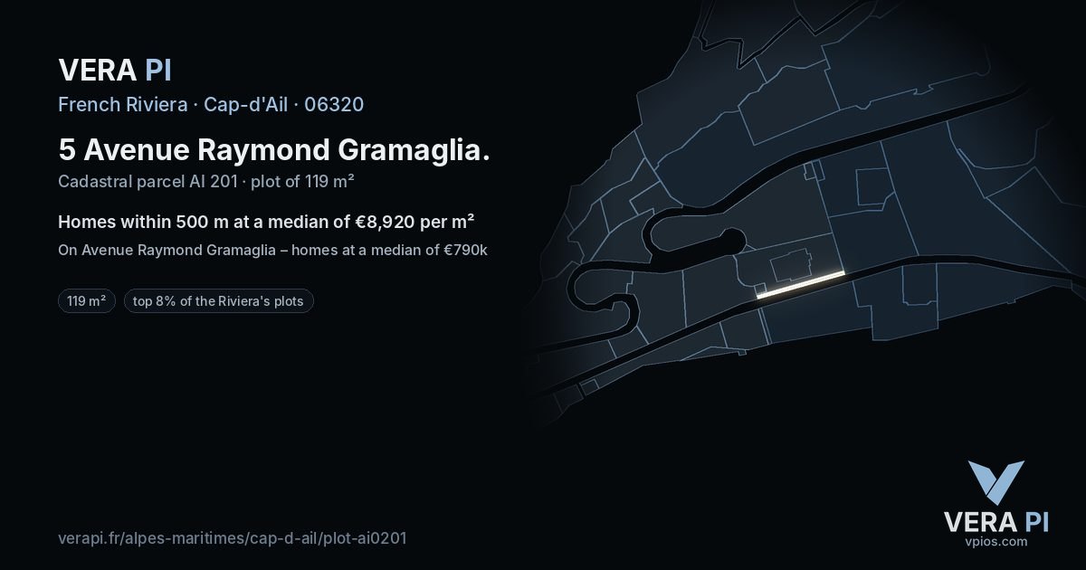 5 Avenue Raymond Gramaglia, Cap-d'Ail at night – the plot lit, the parcels around coloured by the prices near them