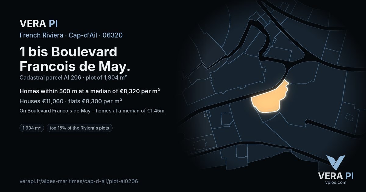 1 bis Boulevard Francois de May, Cap-d'Ail at night – the plot lit, the parcels around coloured by the prices near them