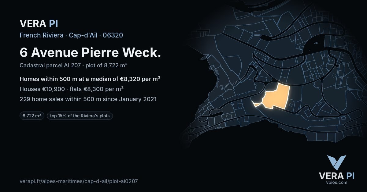 6 Avenue Pierre Weck, Cap-d'Ail at night – the plot lit, the parcels around coloured by the prices near them
