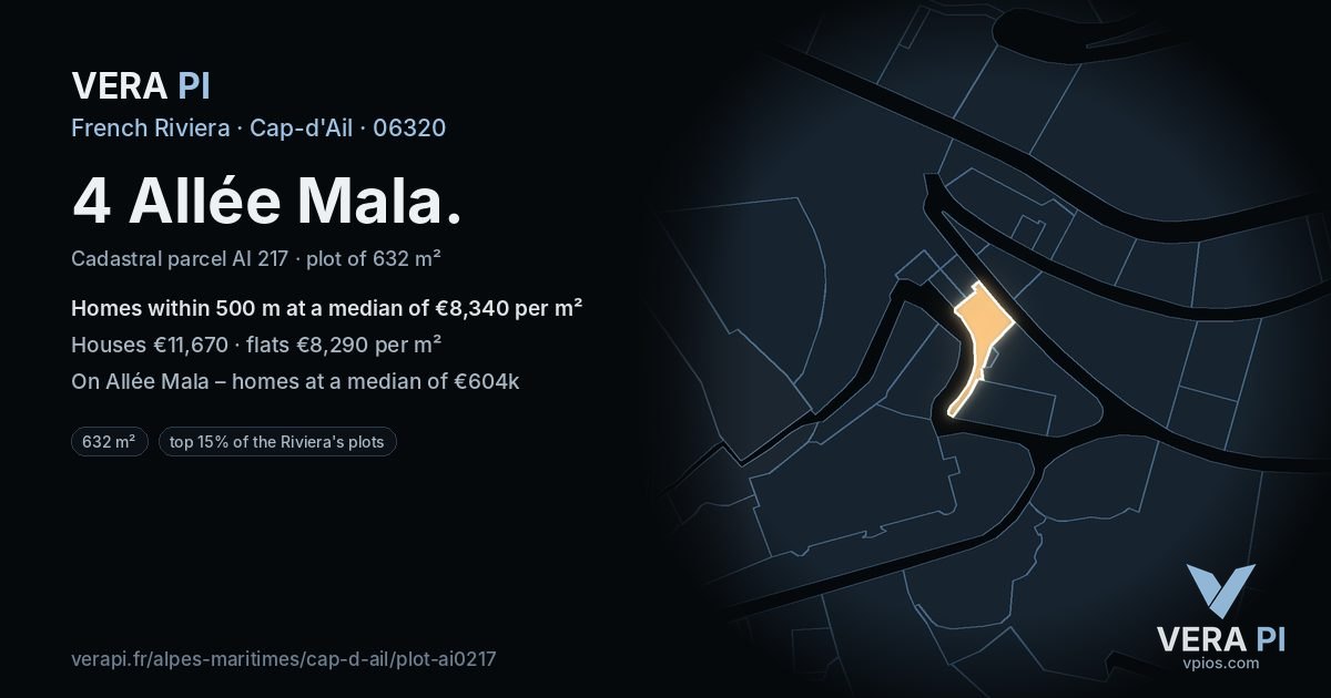 4 Allée Mala, Cap-d'Ail at night – the plot lit, the parcels around coloured by the prices near them