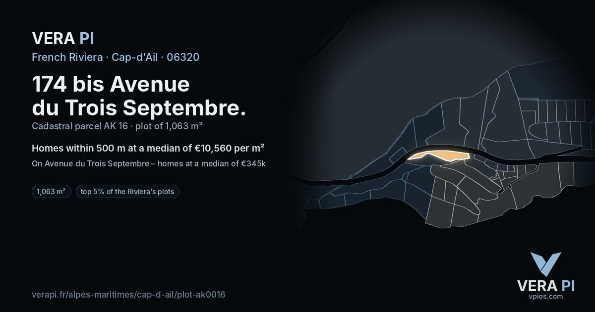 174 bis Avenue du Trois Septembre, Cap-d'Ail at night – the plot lit, the parcels around coloured by the prices near them