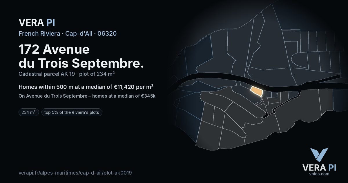 172 Avenue du Trois Septembre, Cap-d'Ail at night – the plot lit, the parcels around coloured by the prices near them