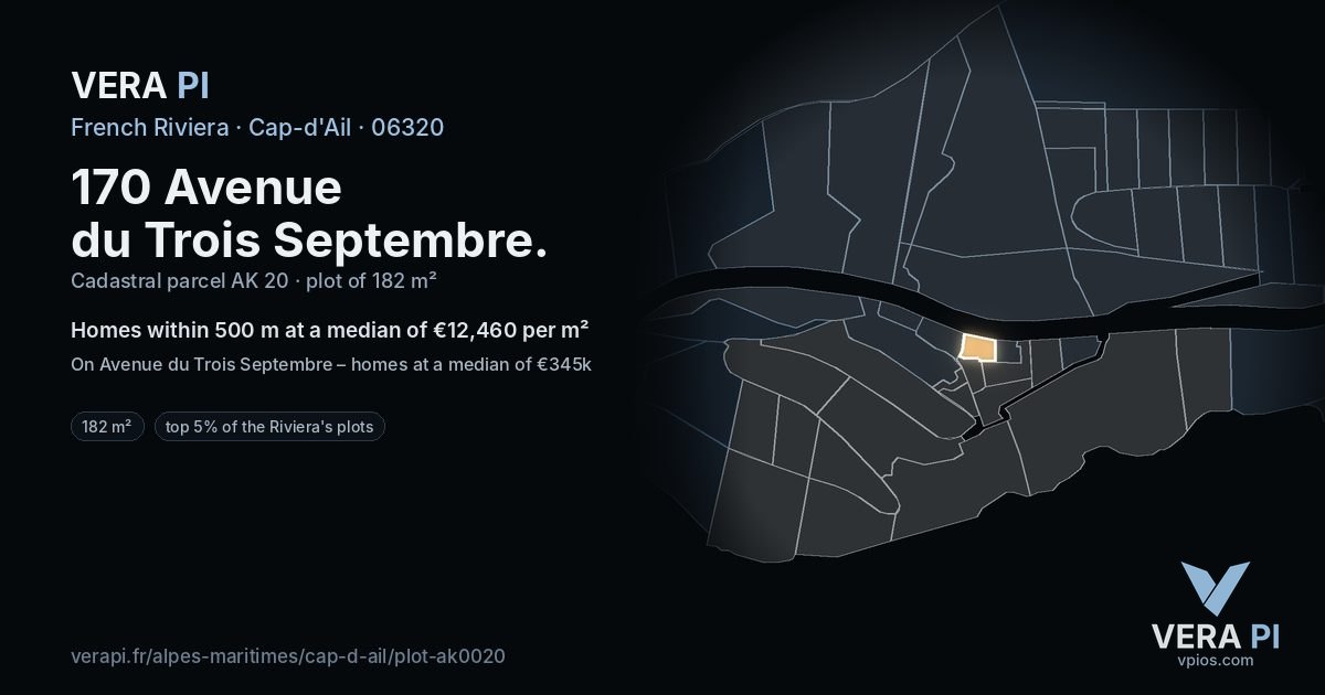 170 Avenue du Trois Septembre, Cap-d'Ail at night – the plot lit, the parcels around coloured by the prices near them