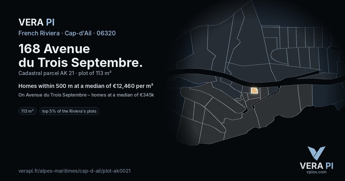 168 Avenue du Trois Septembre, Cap-d'Ail at night – the plot lit, the parcels around coloured by the prices near them