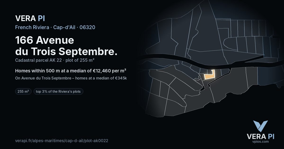 166 Avenue du Trois Septembre, Cap-d'Ail at night – the plot lit, the parcels around coloured by the prices near them