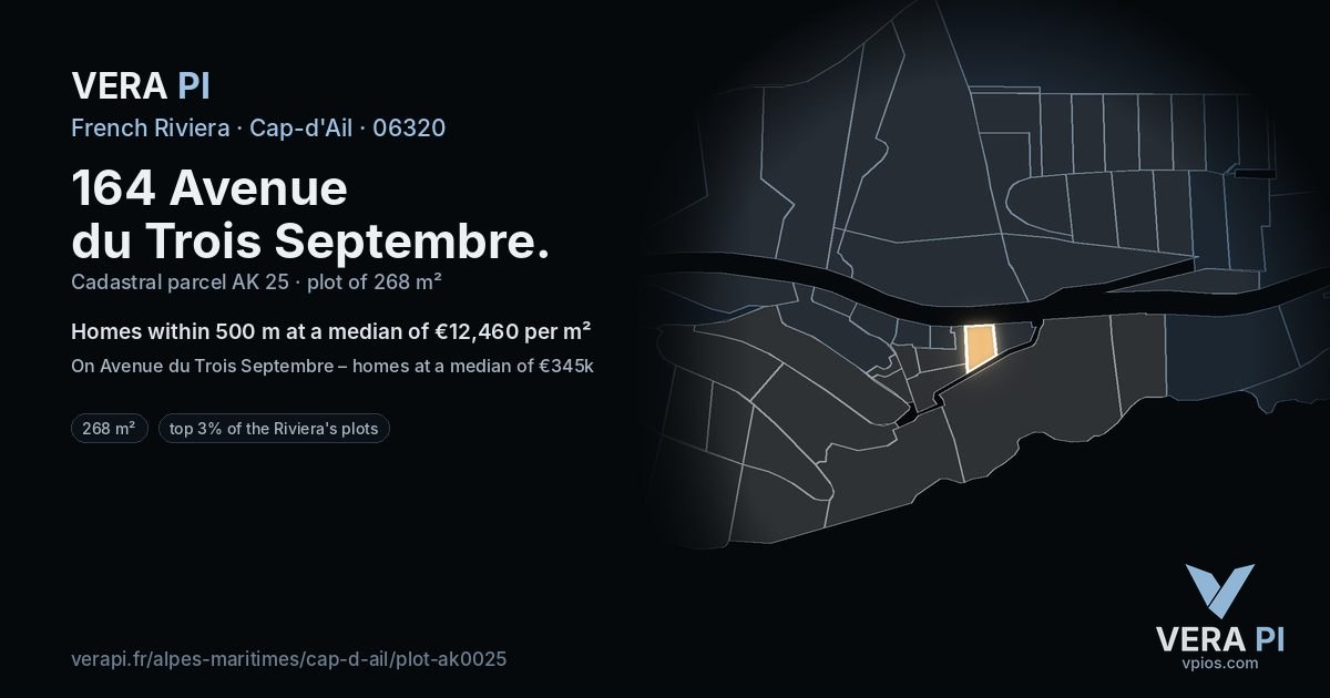 164 Avenue du Trois Septembre, Cap-d'Ail at night – the plot lit, the parcels around coloured by the prices near them