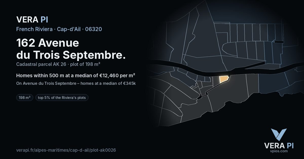 162 Avenue du Trois Septembre, Cap-d'Ail at night – the plot lit, the parcels around coloured by the prices near them